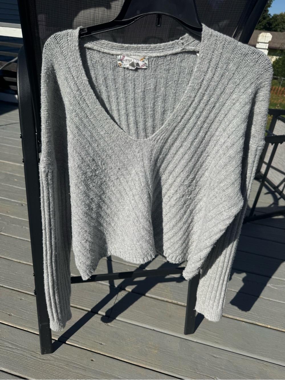 Pink Rose Light Gray Ribbed V-Neck Sweater